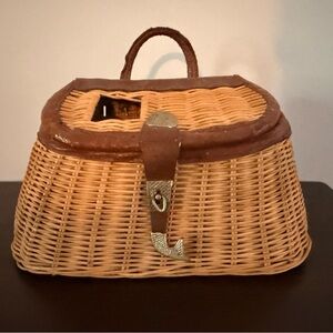 Vintage Fishing Creel w Leather,Canvas Accents W Measuring Tape Fish Buckle 1930